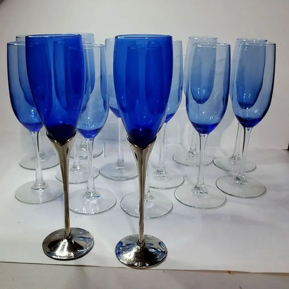 Vintage Cobalt Blue Glass Bride Groom Champagne Flutes Silver Plated Tulip Base